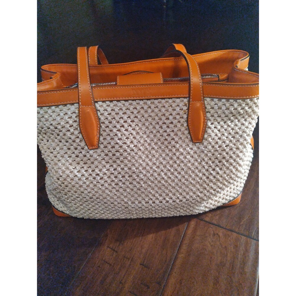 Woven Tote Bag, Tan Leather Trim, Stylish Handbag,‎ Beach Bag